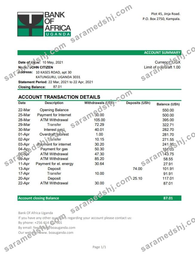Uganda Bank of Africa excel pdf